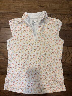 San Soleil White Sleeveless Zip-Front Top with Pink & Yellow Print